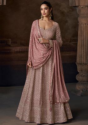 Beige Embroidered Chinnon Silk Anarkali Set With Dupatta