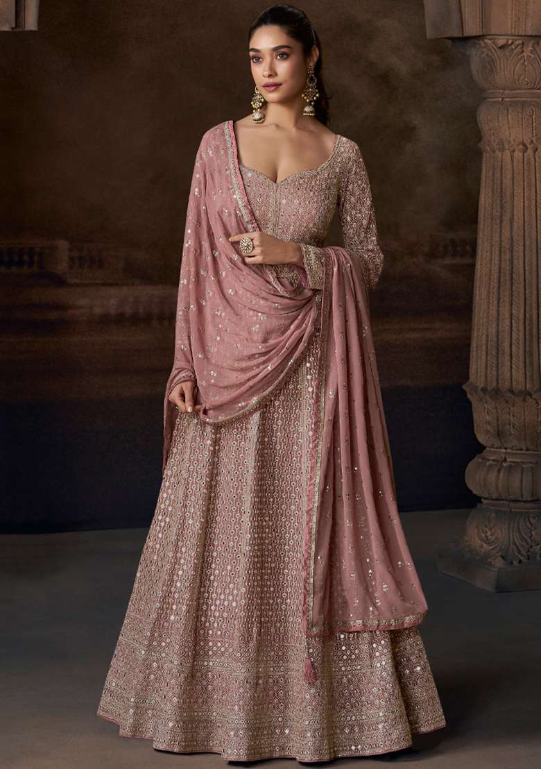 Beige Embroidered Chinnon Silk Anarkali With Dupatta - Indya