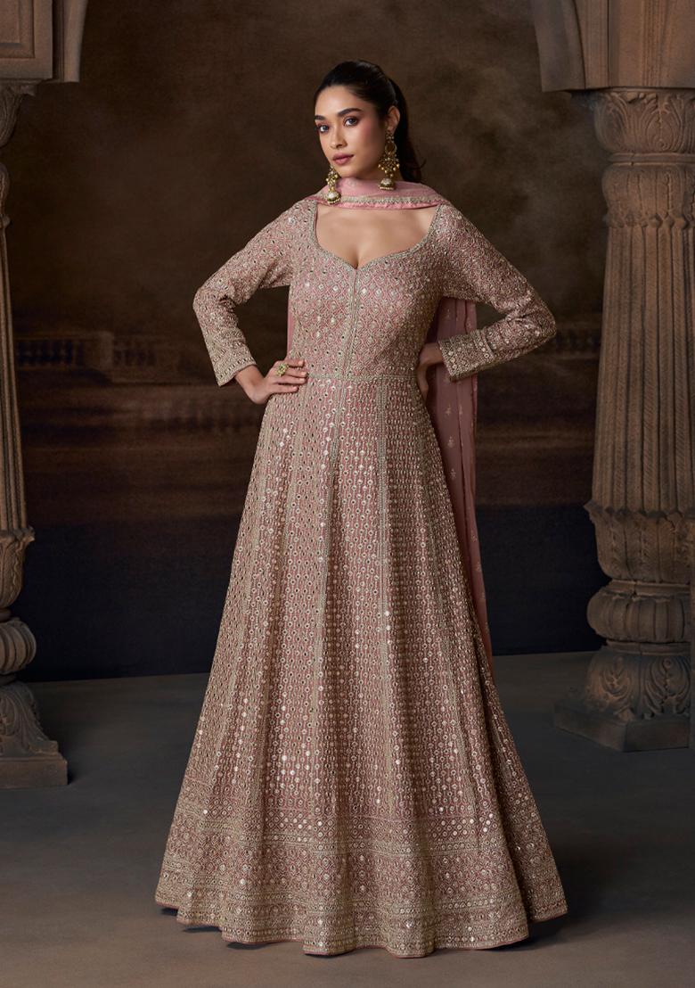 Beige Embroidered Chinnon Silk Anarkali Set With Dupatta