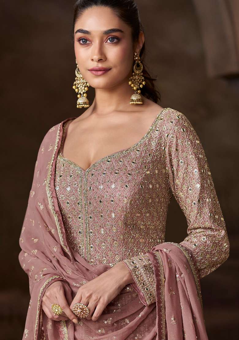 Beige Embroidered Chinnon Silk Anarkali With Dupatta - Indya