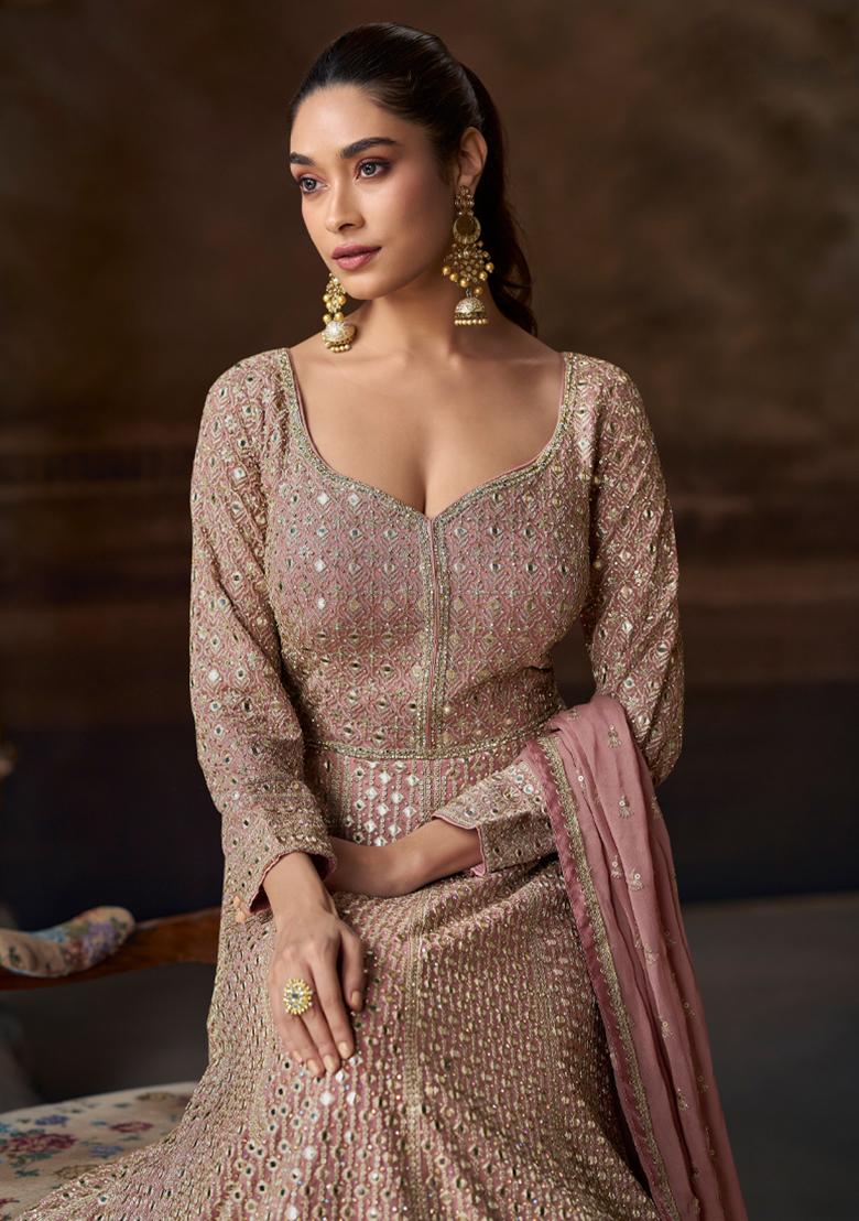 Beige Embroidered Chinnon Silk Anarkali Set With Dupatta