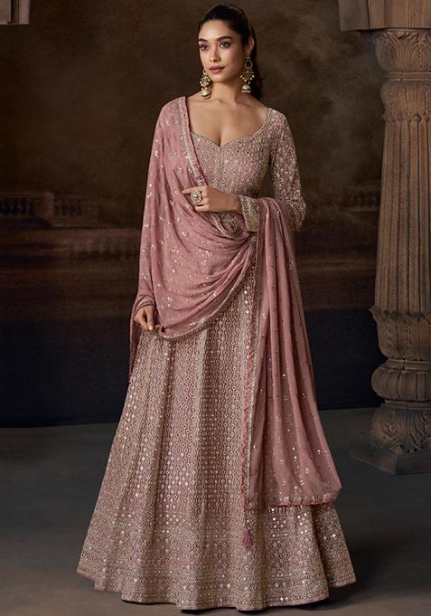 Beige Embroidered Chinnon Silk Anarkali Set With Dupatta