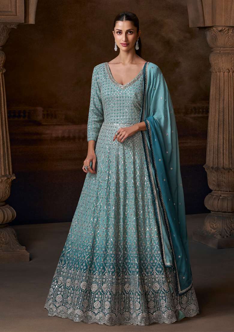 Sky Blue Embroidered Chinnon Silk Anarkali With Dupatta - Indya