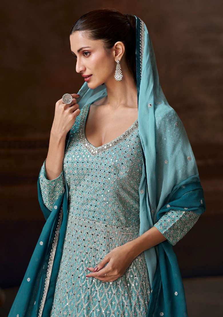 Sky Blue Embroidered Chinnon Silk Anarkali With Dupatta - Indya