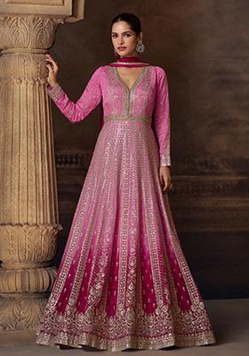Pink Embroidered Chinnon Silk Anarkali Set With Dupatta