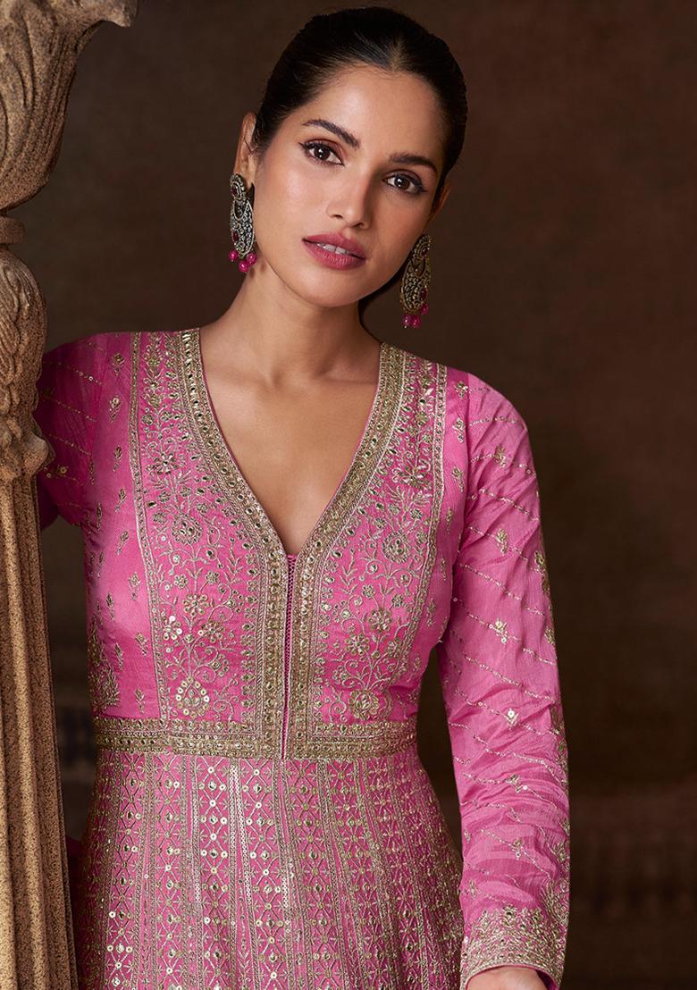 Pink Embroidered Chinnon Silk Anarkali Set With Dupatta