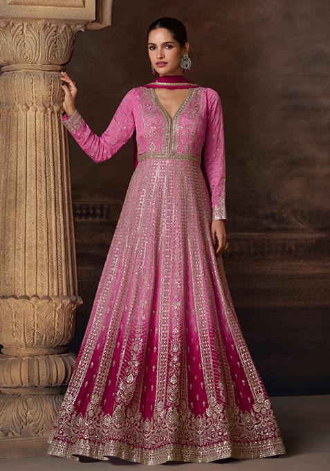 Pink Embroidered Chinnon Silk Anarkali Set With Dupatta