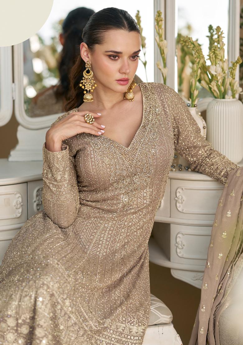 Beige Embroidered Georgette Anarkali Set With Dupatta