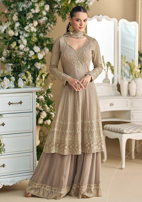 Beige Embroidered Georgette Anarkali Set With Dupatta