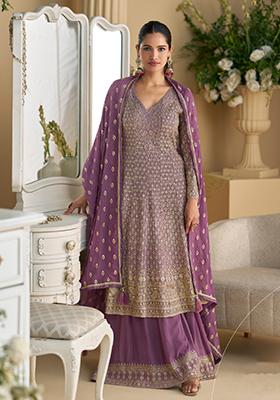 Purple Embroidered Georgette Anarkali Set With Dupatta
