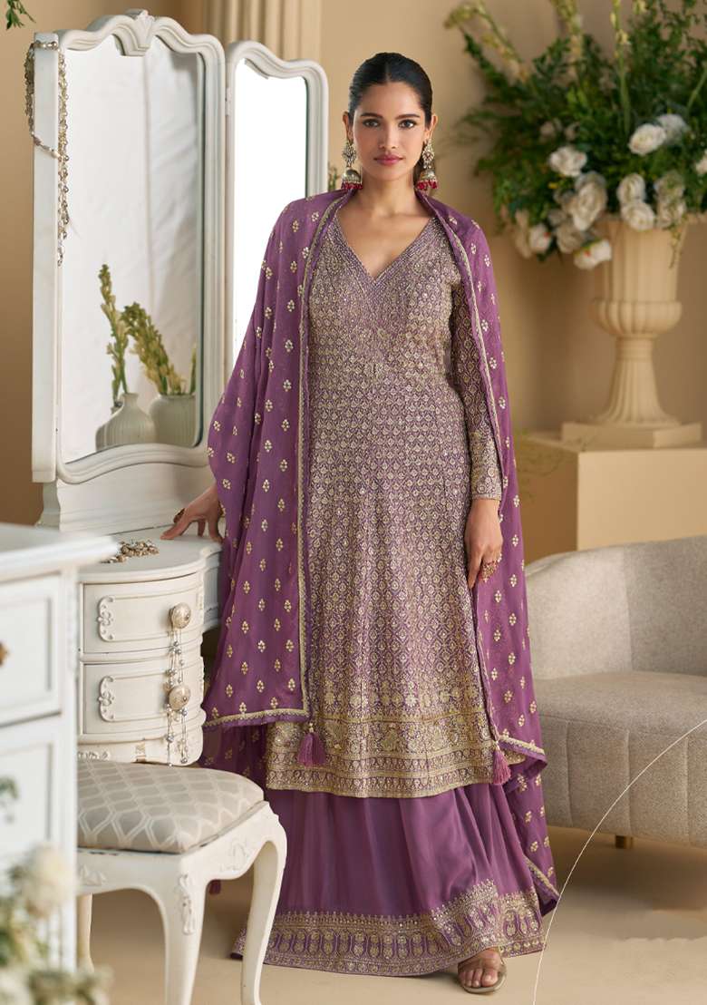 Purple Embroidered Georgette Anarkali With Dupatta - Indya