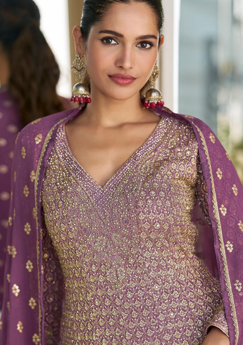 Purple Embroidered Georgette Anarkali Set With Dupatta