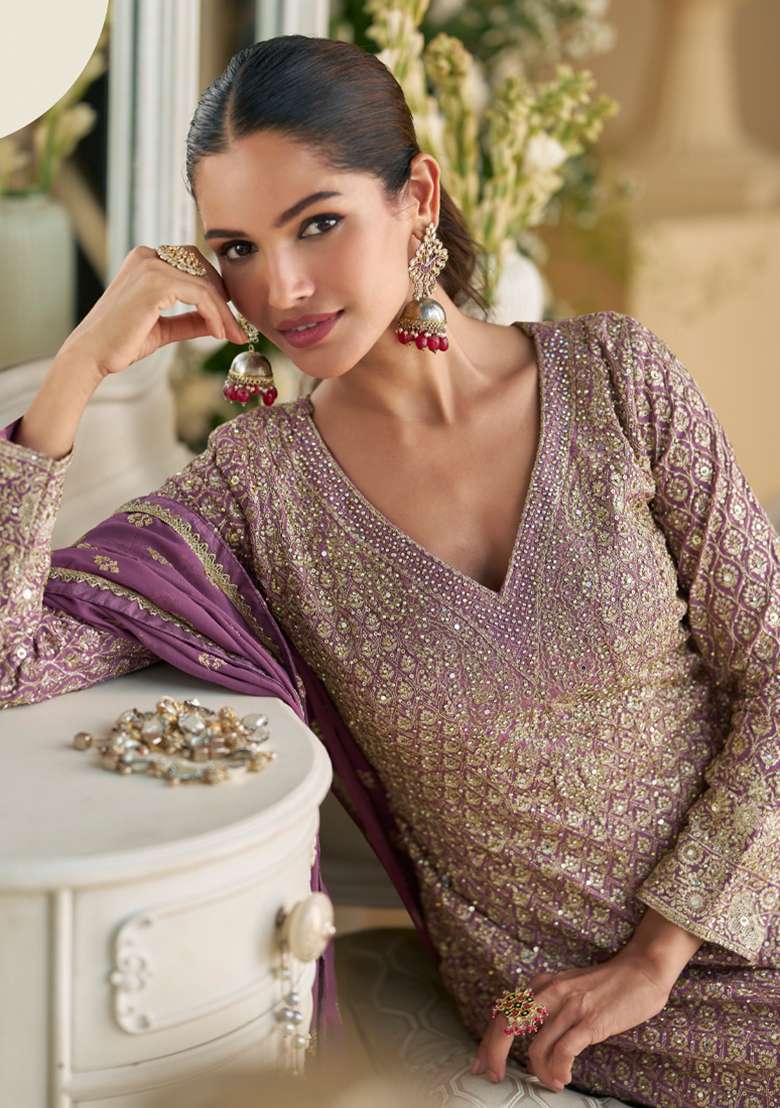 Purple Embroidered Georgette Anarkali With Dupatta - Indya