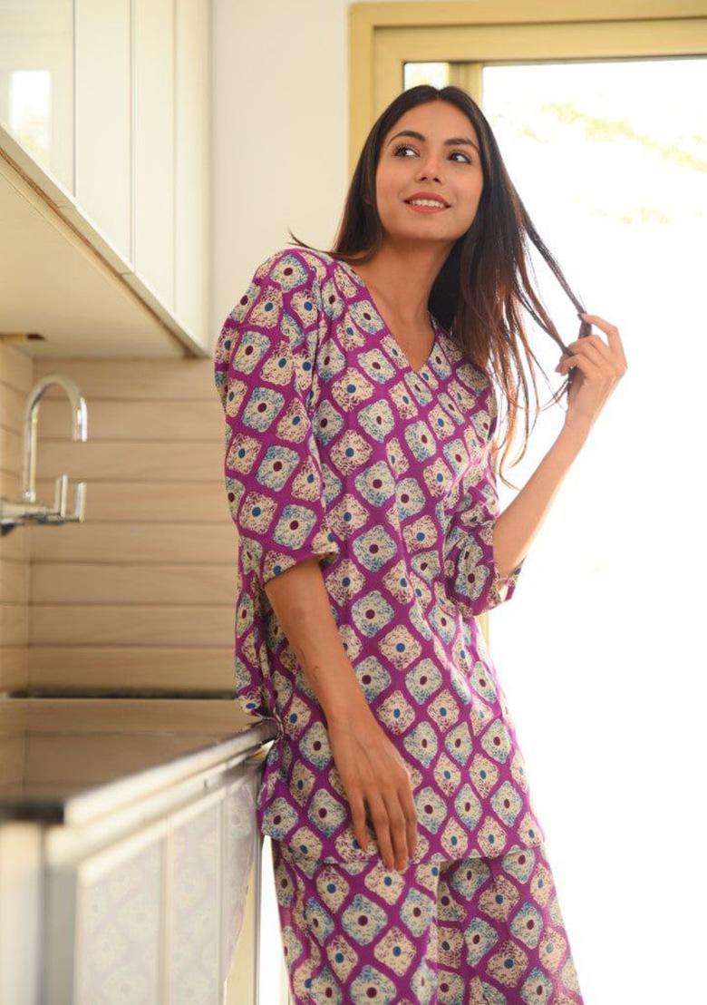 Purple Digital Printed Rayon Co Ord Sets