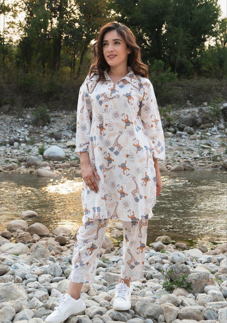 White Digital Printed Rayon Co Ord Sets