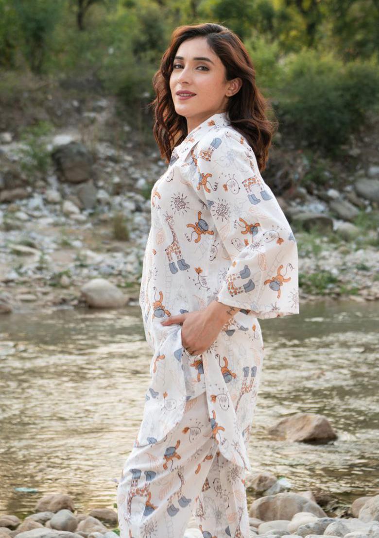 White Digital Printed Rayon Co Ord Sets