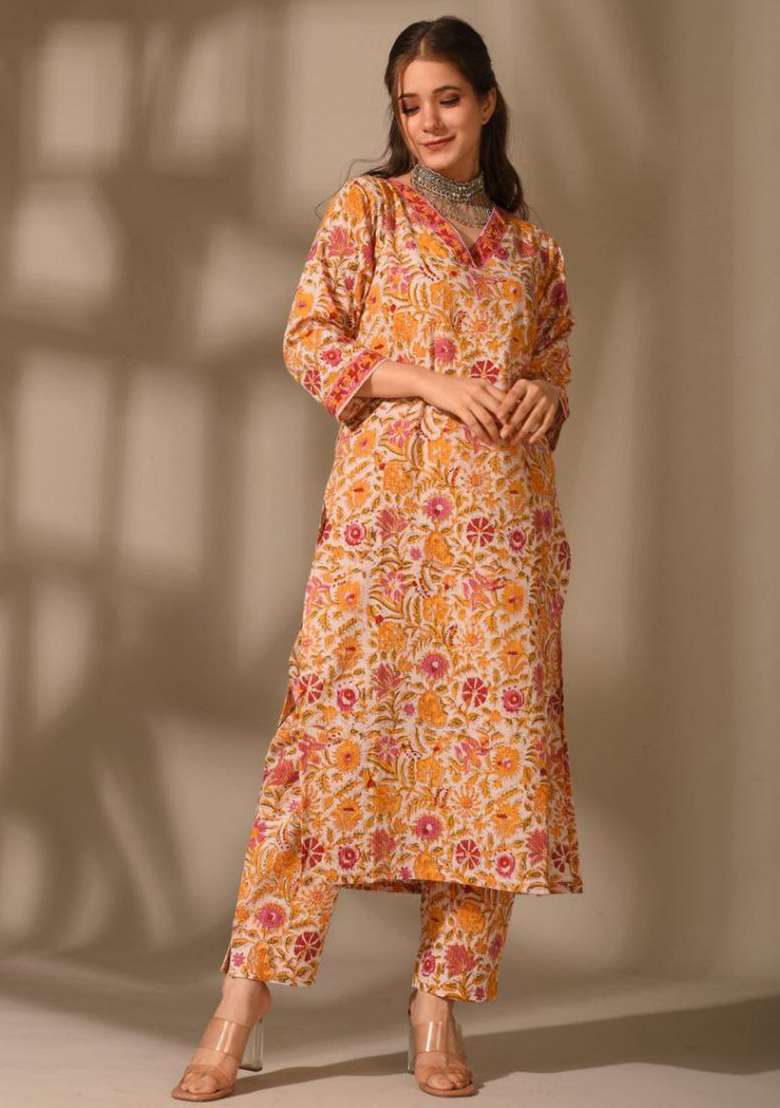 Orange Embroidered Rayon Straight Kurta Set - Indya