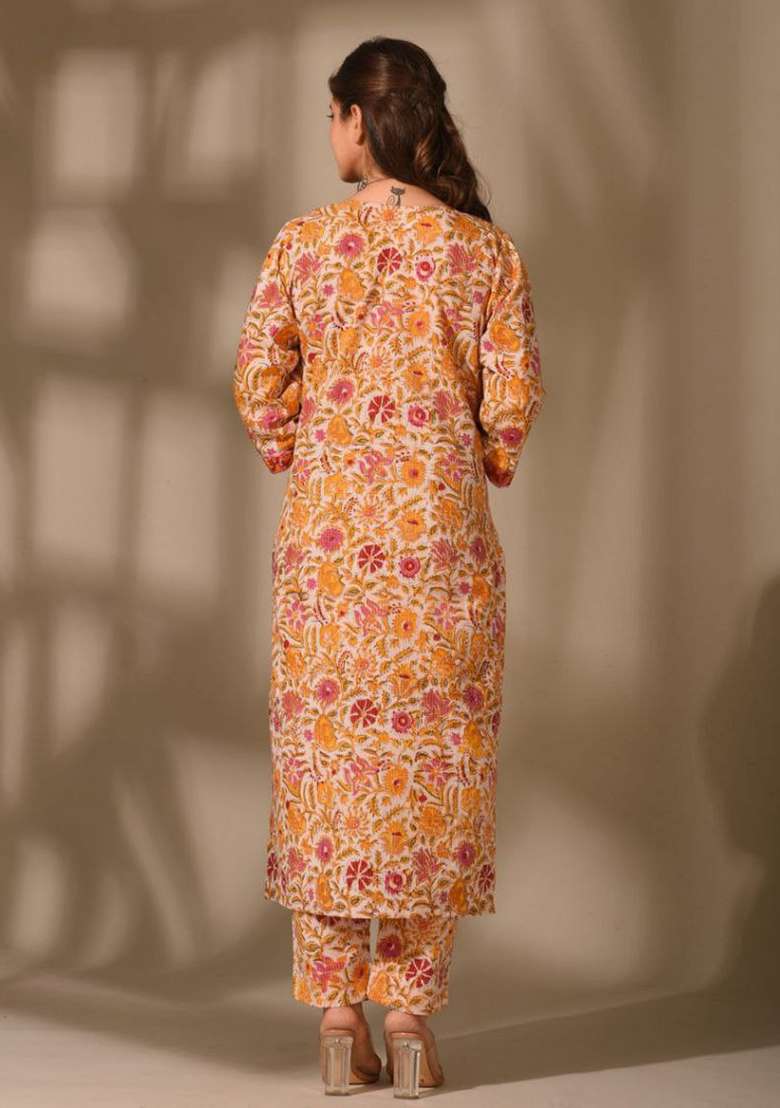 Orange Embroidered Rayon Straight Kurta Set - Indya