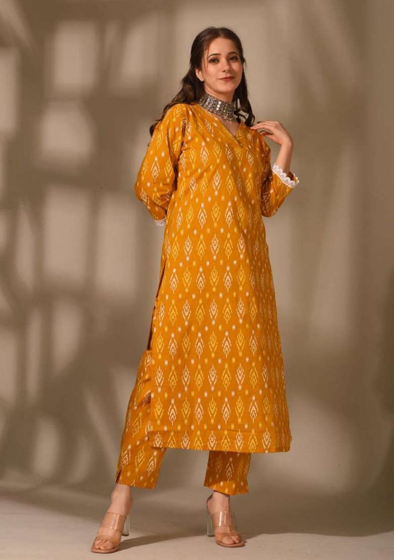 Mustard Yellow Printed Rayon Straight Kurta Set - Indya