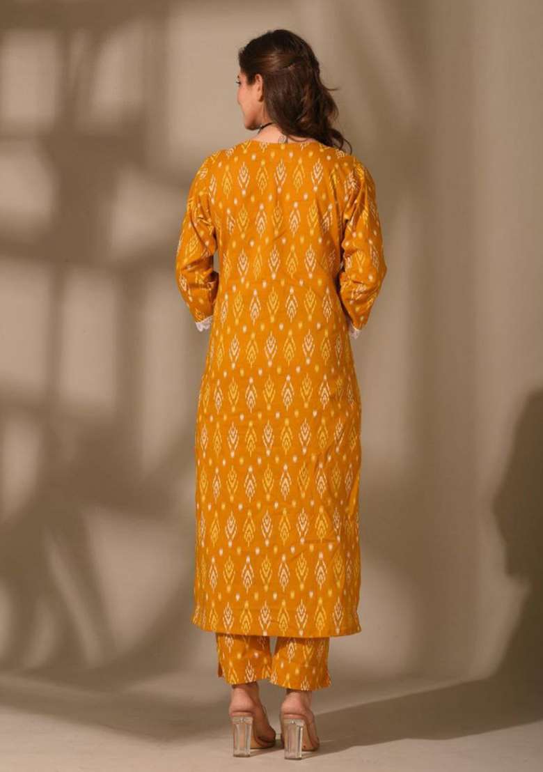 Mustard Yellow Printed Rayon Straight Kurta Set - Indya