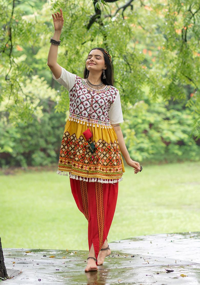 Mustard Yellow Aari Work Cotton Salwar Kameez