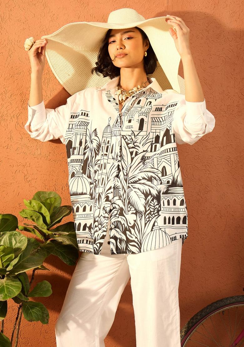 White Printed Cotton Cambric Co Ord Set