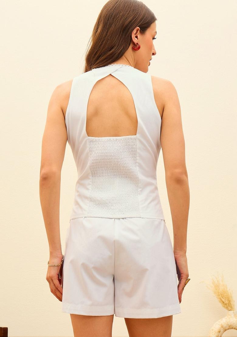 White Solid Poplin Co Ord Set