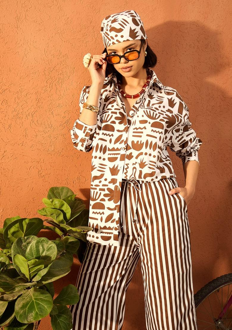 Brown Printed Poplin Co Ord Set