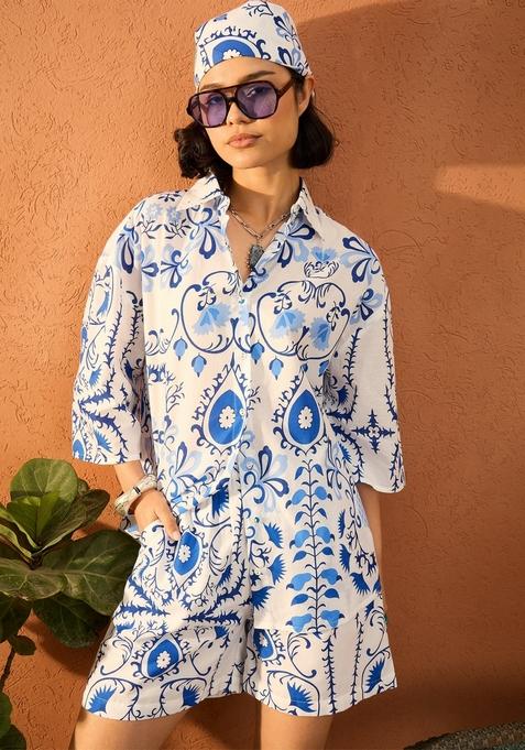 Blue Printed Cotton Cambric Co Ord Set