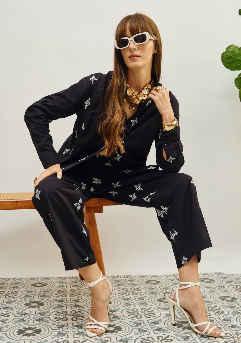 Black Embroidered Cotton Cambric Co Ord Set