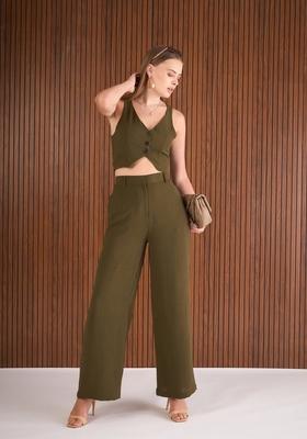 Olive Embroidered Tl Polyester Co Ord Set