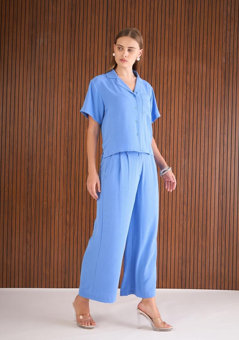 Blue Embroidered Tl Polyester Co Ord Set