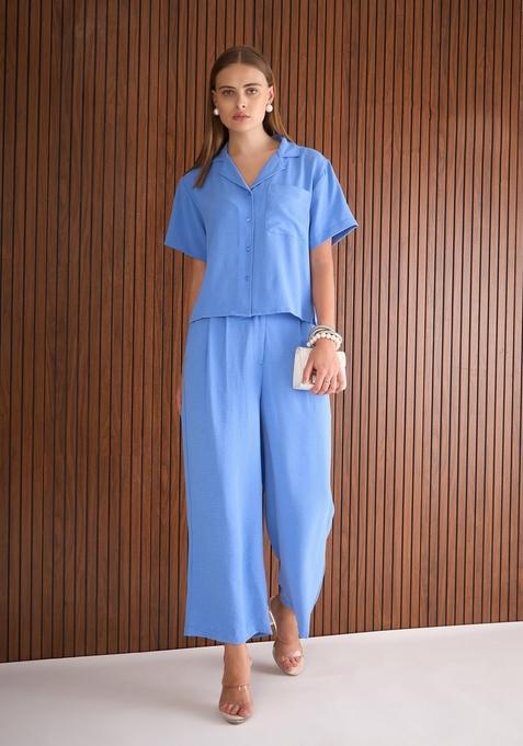 Blue Embroidered Tl Polyester Co Ord Set