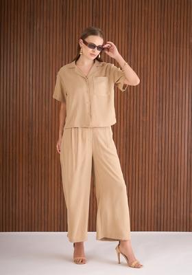 Beige Embroidered Tl Polyester Co Ord Set