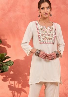 White Embroidered Rayon Co Ord Set