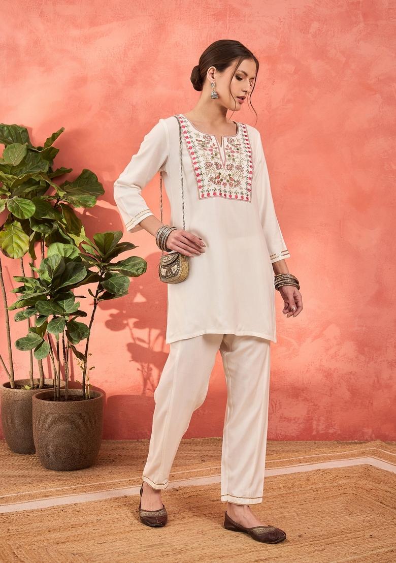 White Embroidered Rayon Co Ord Set