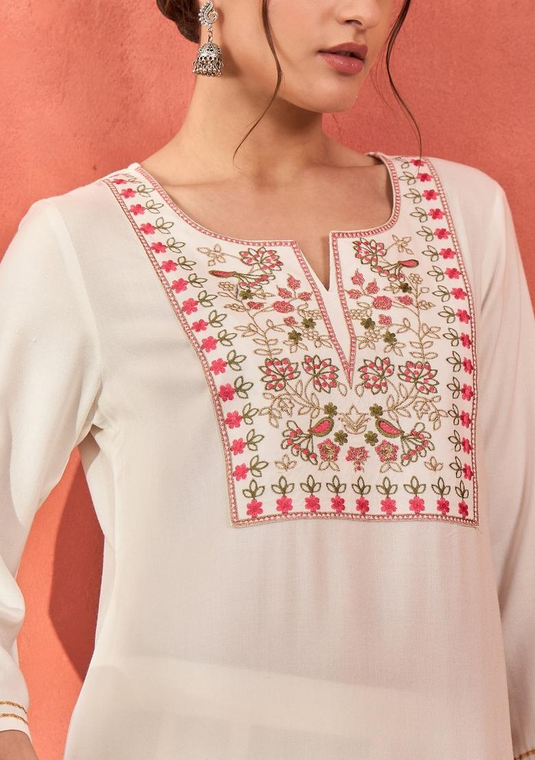 White Embroidered Rayon Co Ord Set