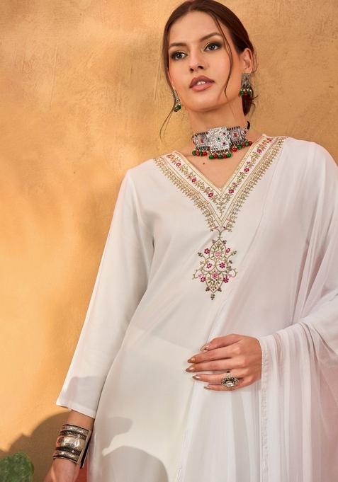 White Embroidered Rayon Salwar Kameez With Dupatta