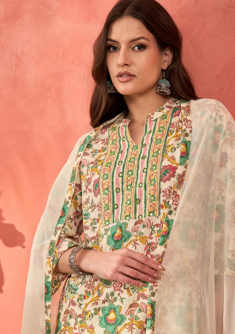 White Embroidered Cotton Cambric Salwar Kameez With Dupatta