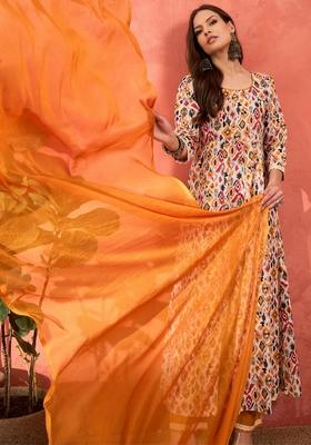 White Embroidered Cotton Cambric Anarkali Set With Dupatta