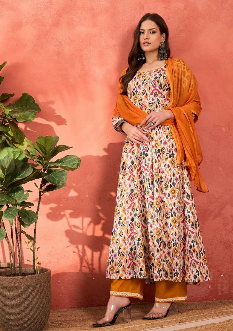 White Embroidered Cotton Cambric Anarkali With Dupatta With Dupatta - Indya