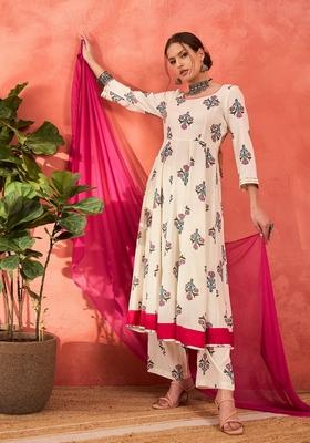 White Embroidered Rayon Anarkali Set With Dupatta