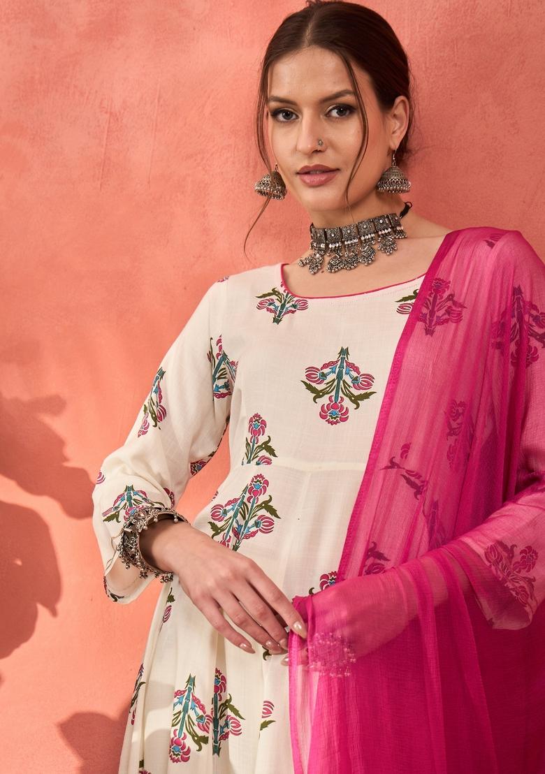 White Embroidered Rayon Anarkali Set With Dupatta