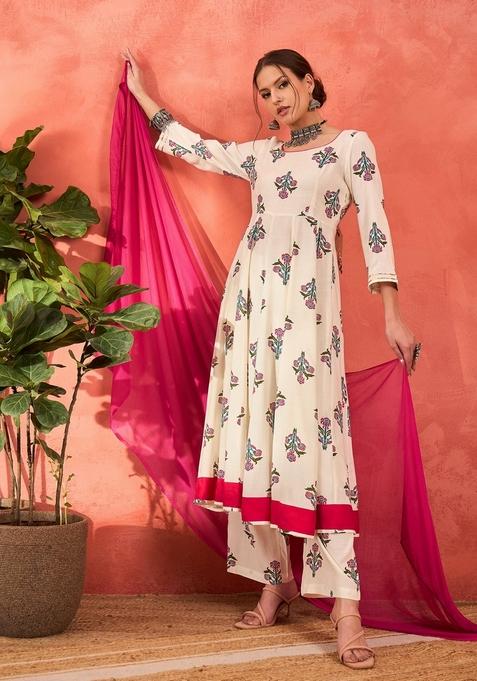 White Embroidered Rayon Anarkali Set With Dupatta