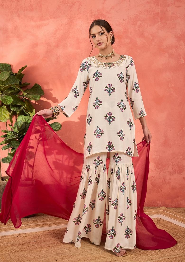 White Embroidered Rayon Sharara Set With Dupatta