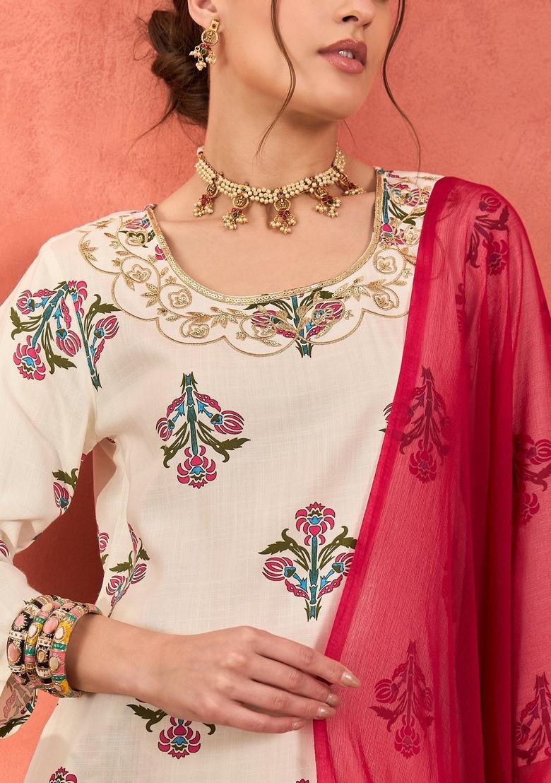 White Embroidered Rayon Sharara Set With Dupatta