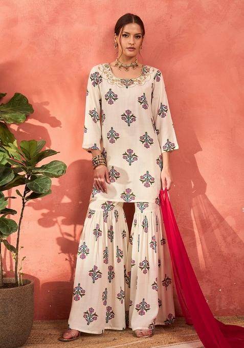 White Embroidered Rayon Sharara Set With Dupatta