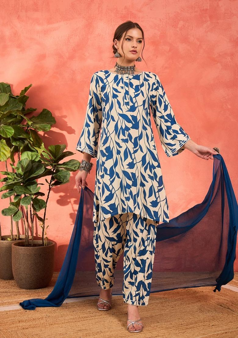 White Embroidered Rayon Salwar Kameez With Dupatta