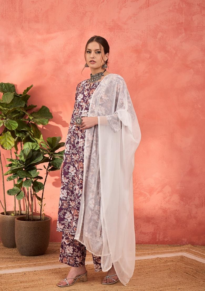 Purple Embroidered Cotton Cambric Salwar Kameez With Dupatta