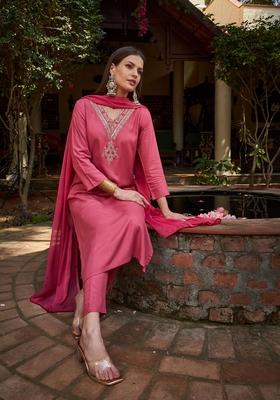 Pink Embroidered Rayon Salwar Kameez With Dupatta